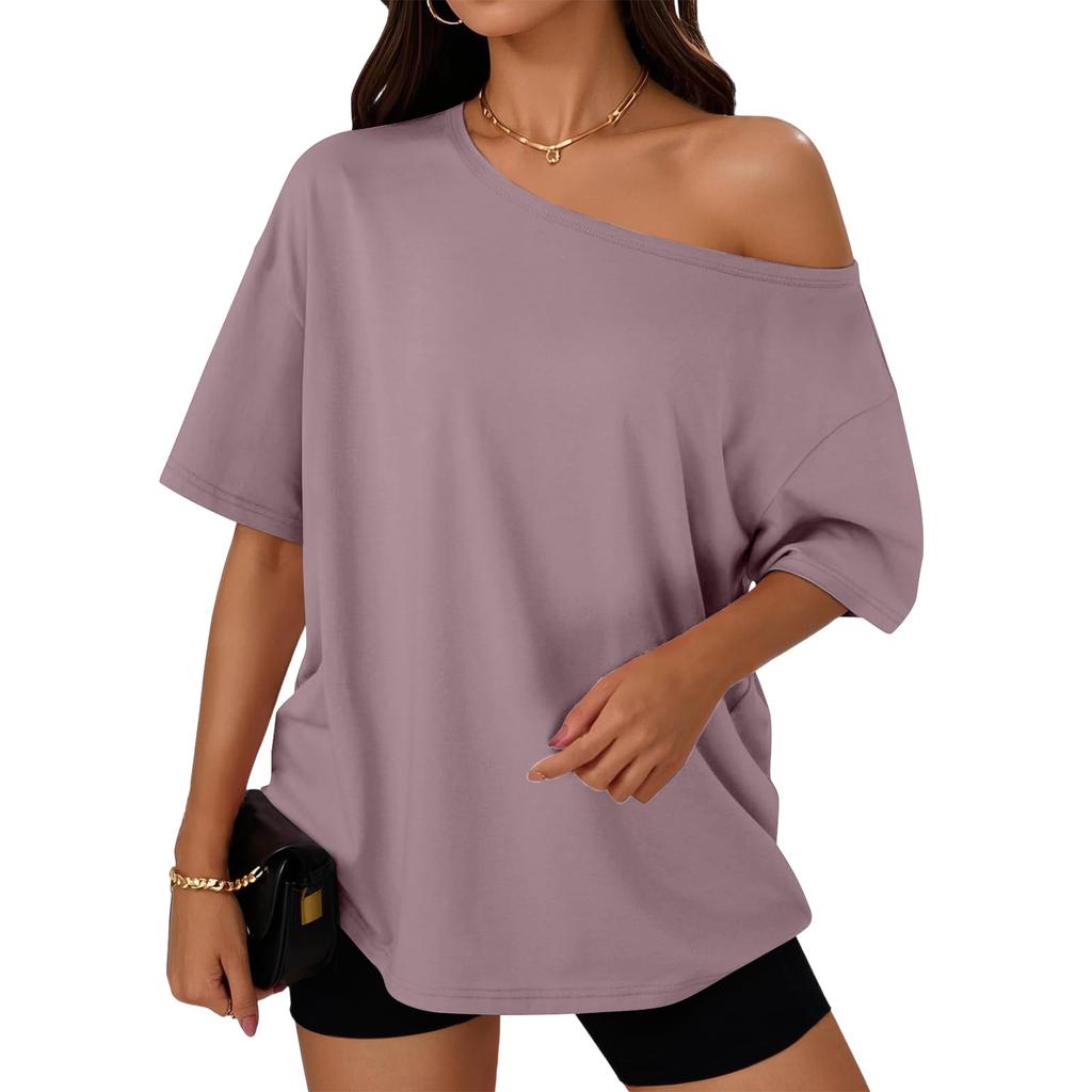 Women's Fashion Off-Shoulder T-Shirt Solid Color Loose-Fit Short Sleeve Top
