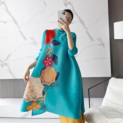 Partial Front Spring Mid Length Pleated Dress  New Vintage 3/4 Sleeve Standup Neck Loose Slim Cheongsam Style Dress Female