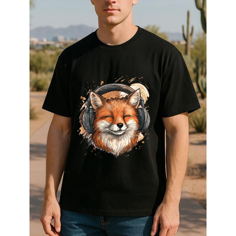 European Size Men's Polyester Short-Sleeve T-Shirt with Listening Fox Music Print - Breathable Round Neck Casual Tee, Fox & Song Note Design