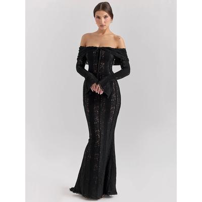 Lace Off Shoulder Sexy Maxi Dress Women Strapless Backless Long Sleeve Slim Evening Club Party Maxi Dress