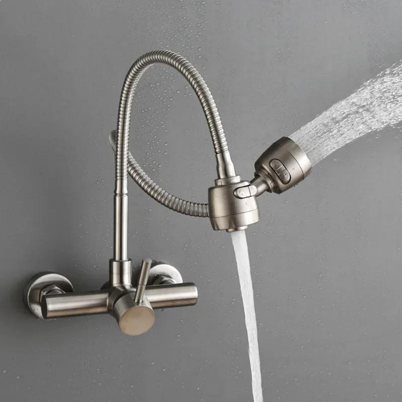 Universal Wall Mounted Stainless Steel Kitchen Faucet Cold and Hot Tap  360 Degree Swivel Flexible Hose Single Handle Faucet