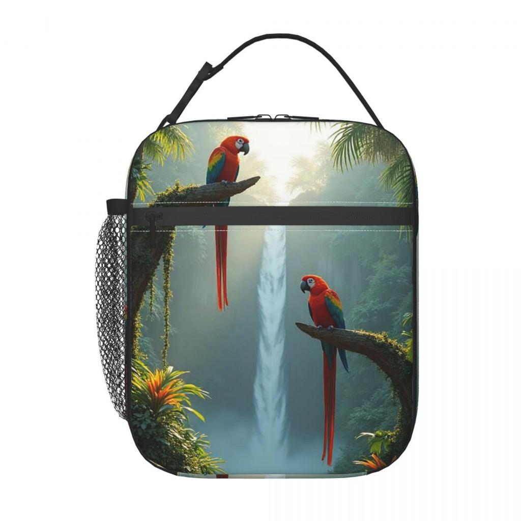 Tropisches A-Wald-Papageien-Design Isolierte Lunchtasche für Damen Kinder Tragbare Lebensmittelboxen Thermische Lunchbox Tragetasche