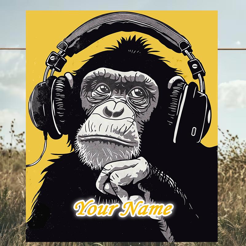 1PC Custom Name Monkey Music Headphones Art outdooor Flannel blankets Patterns Throw Blanket All-Season Soft Gift for Couch, Bed, Camping gifts