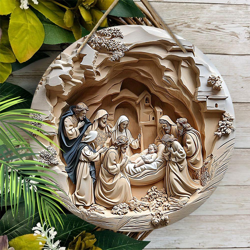 Přívěsek Svatá noc Betlémská scéna, dekorace na stěny nebo dveře domova, 2D plochý dřevěný, vánoční dekorace, dárky pro přátele a rodinu