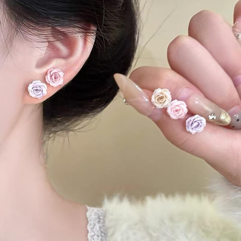 Resin Rose Flower Stud Earrings Simple and Small Design Earrings Fashionable, Fresh and Sweet Versatile Earrings