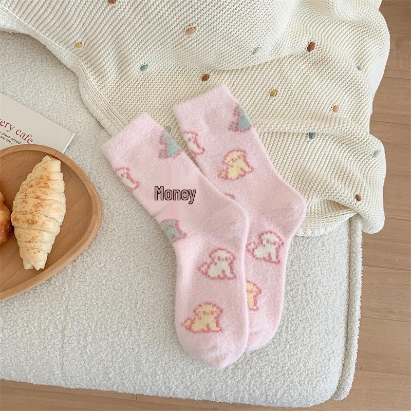 Pink Puppy Women's Wool Mid-Calf Socks - Thick Warm Cartoon Plush for Autumn/Winter.