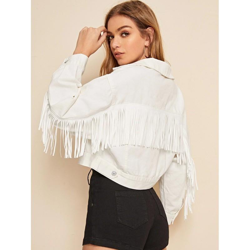 Womens Short Denim Jacket With Fringe Detail Loose Fit Cotton Blend Fall 2025