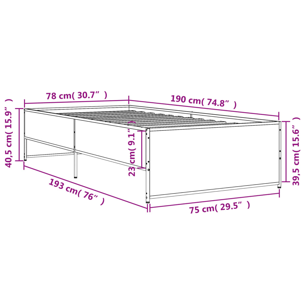 Bed Frame Sonoma Oak 75x190 cm Particleboard and Metal