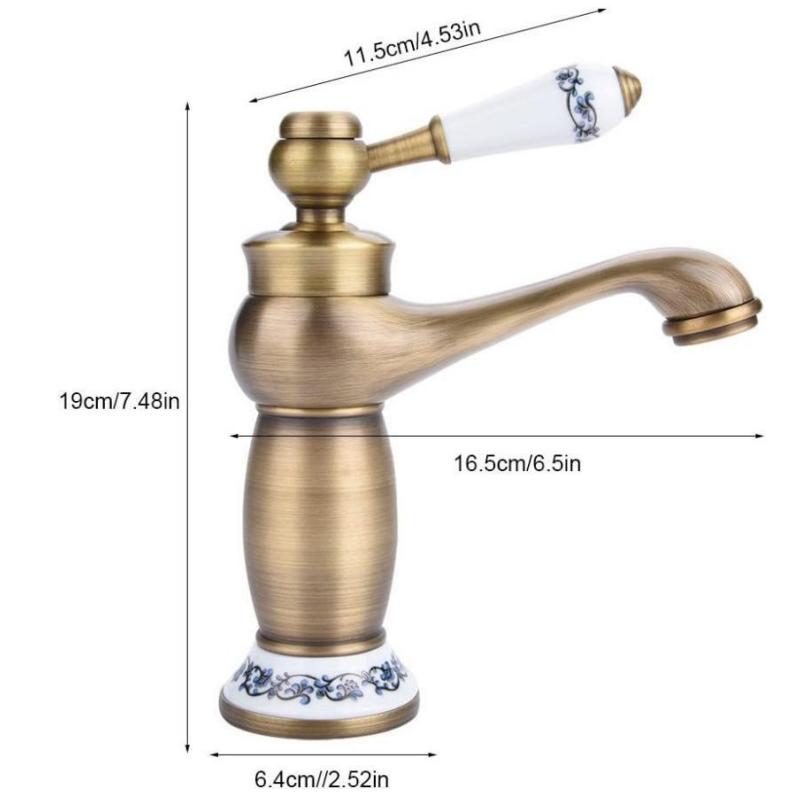 Baterie vintage din alamă antică cu porțelan albastru și alb, baterie cu gât lung pentru baie/bucătărie, chiuvetă cu apă rece și caldă (Finisaj antic)