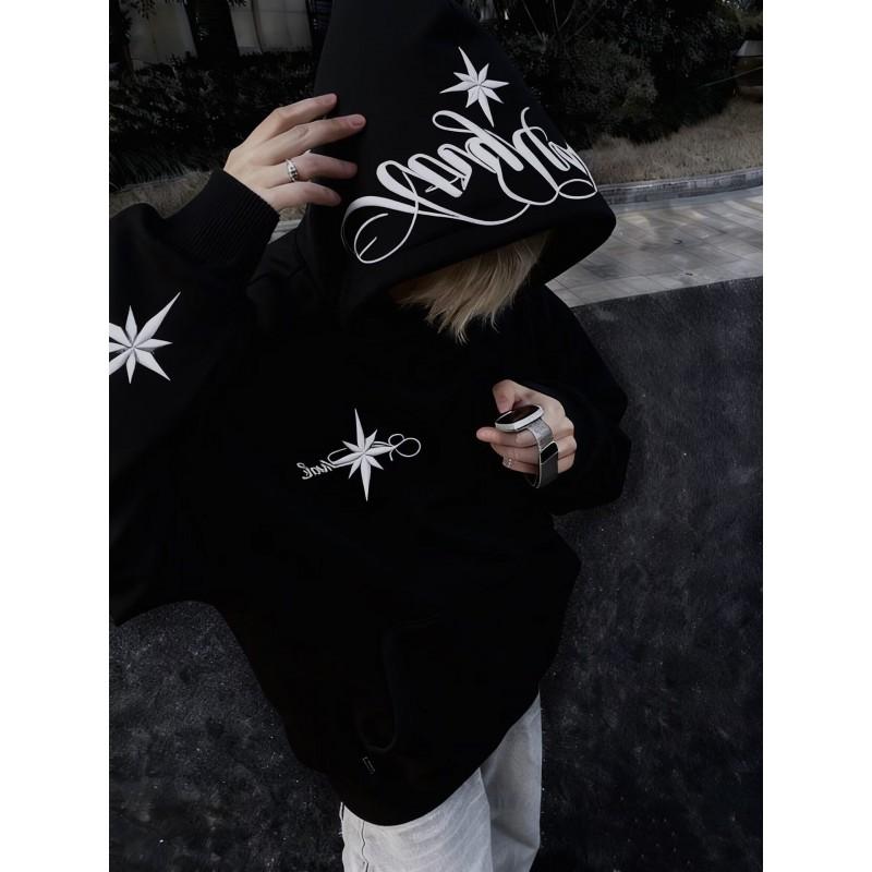 Unisex Oversized Hooded Sweatshirt With Embroidery Thick Fleece-Lined Winter Casual Pullover Men Women