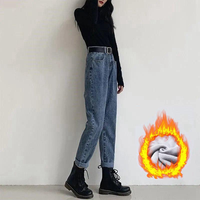 2020 Autumn/Winter Plus Velvet High-Waisted Wide-Leg Slimming Plus Size Women s Jeans S