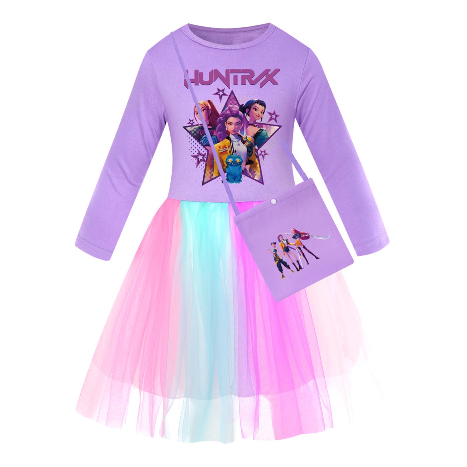 

Girls Star-Print Skirt Round-Neck Long-Sleeve Colorful Lace Patchwork Dress 150 фиолетовый