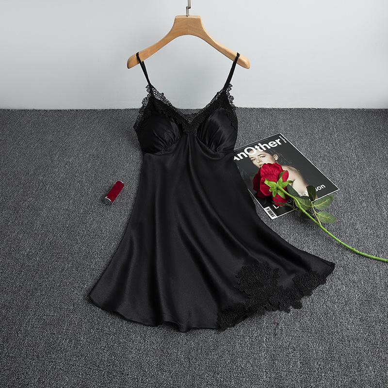 

Сексуальні піжами Жіночі шовкові нічні сорочки на підтяжках Жіночі весняно-літні льодові шовкові тонкі атласні нічні сукні на дому. M чорний