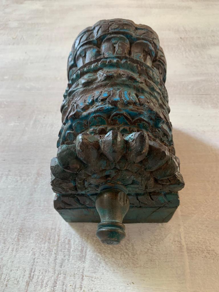 Carved Floral Wood Floating Shelf: Rustic Blue Wall Decor