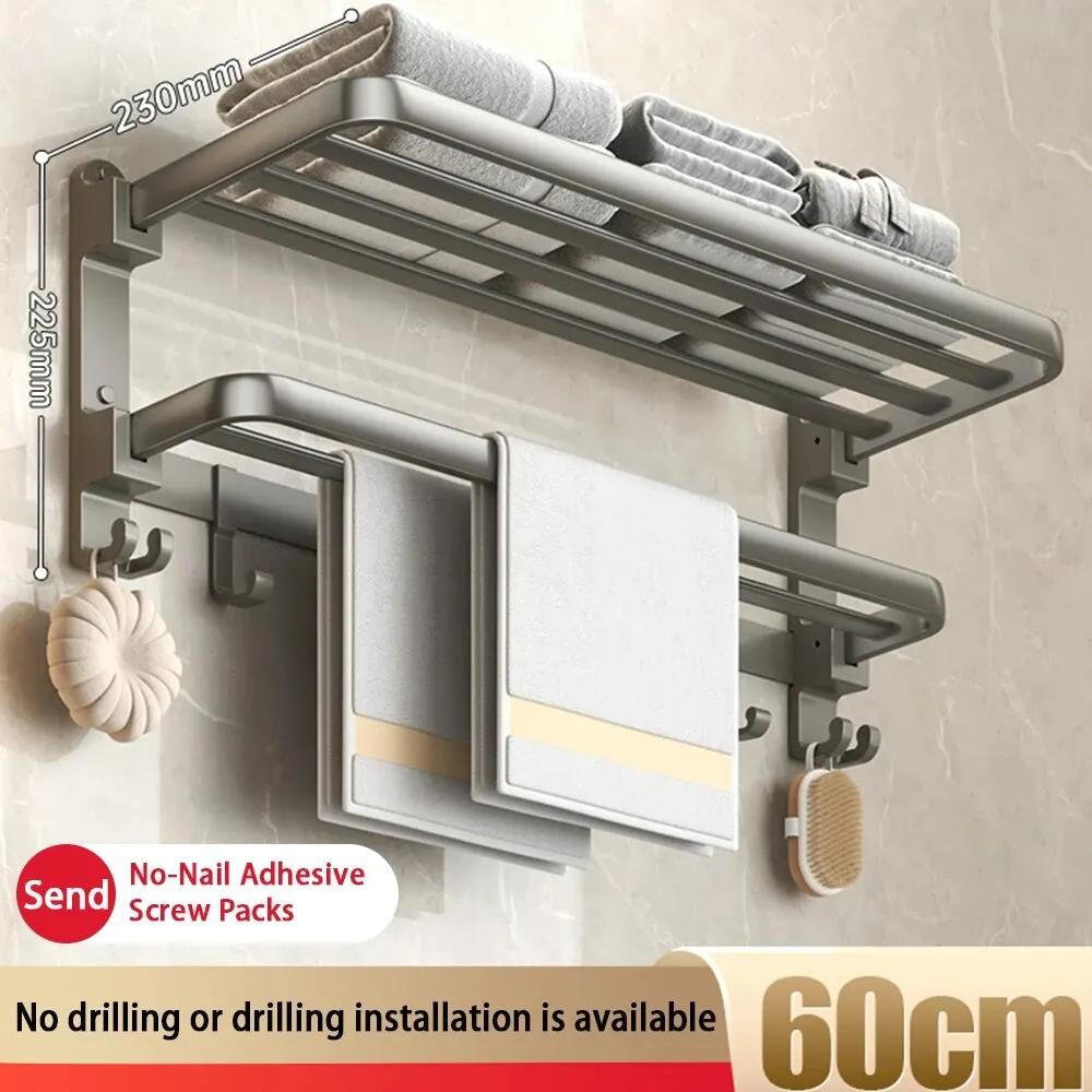 

Bi-Fold 24 Inch Towel Rack with Bar Holder Shelf Movable Hooks Rust Proof Towel Storage Wall Mount for Bathroom