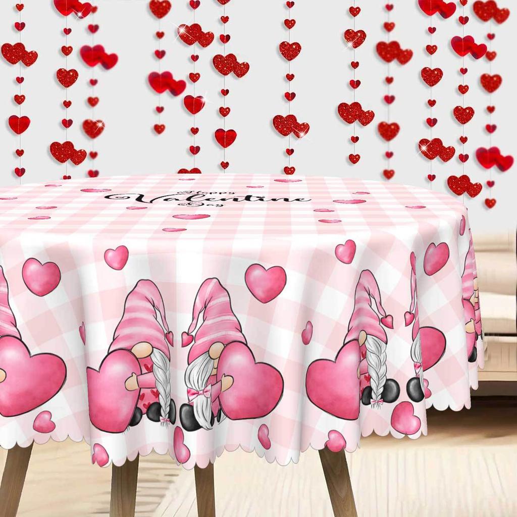Față de masă cu model inimă în carouri roz, Față de masă dreptunghiulară/rotundă cu desen animat pitic pentru masă de dining, Husă impermeabilă pentru masă de cafea