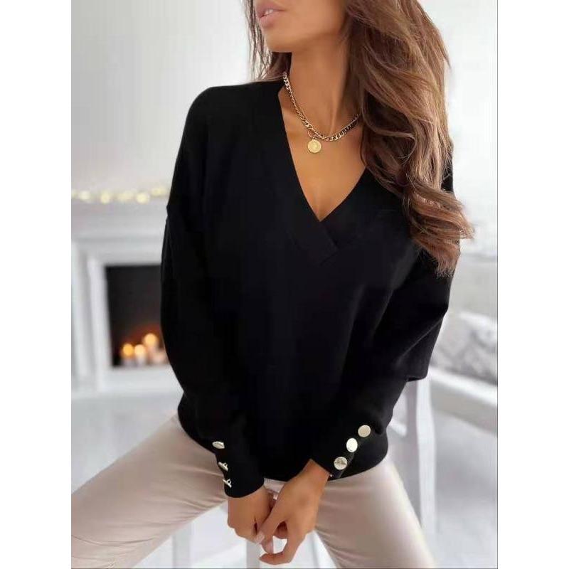 Spring and Autumn New Casual Fashion Loose Solid Color Button V Neck Long Sleeve T-Shirt for Women