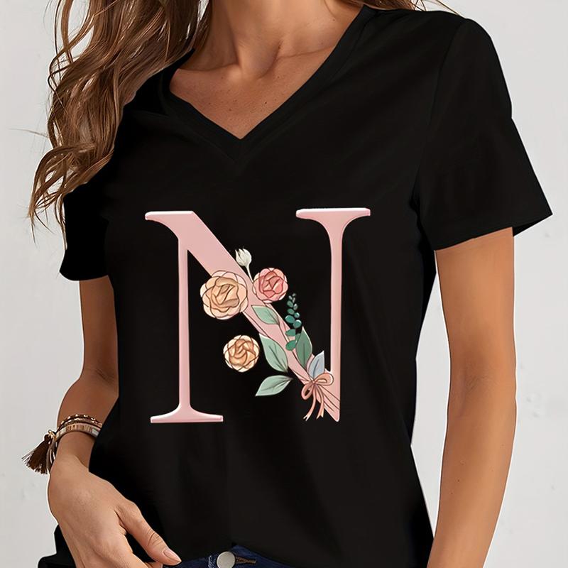 Cartoon Alphabet Flower Graphic Tee Womens Clothing Pink Flower Alphabet Gift Tshirt FeUnisex Vintage 26 Initials Flower Tshirt