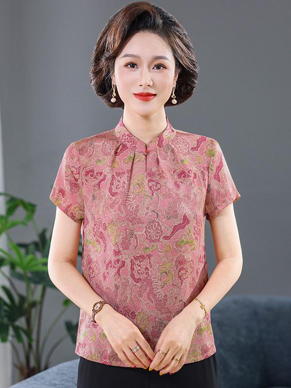 Women's Summer Stand Collar Jacquard Short Sleeve Shirt – Stylish, Comfortable Top with National Style
