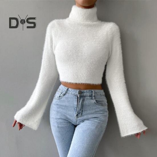 Kurzer Pullover für Damen, hoher Kragen, ausgestellt, lange Ärmel, einfarbig, schmale Passform, lässige Oberteile, freiliegender Nabel, Strickmode