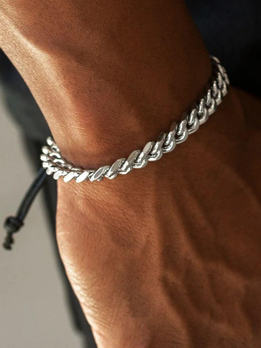 Silver Color Stainless Steel Cuban Chain Bracelet Retro Wax Rope Buckle Men s Bracelet Retro Jewelry Trend Accessories