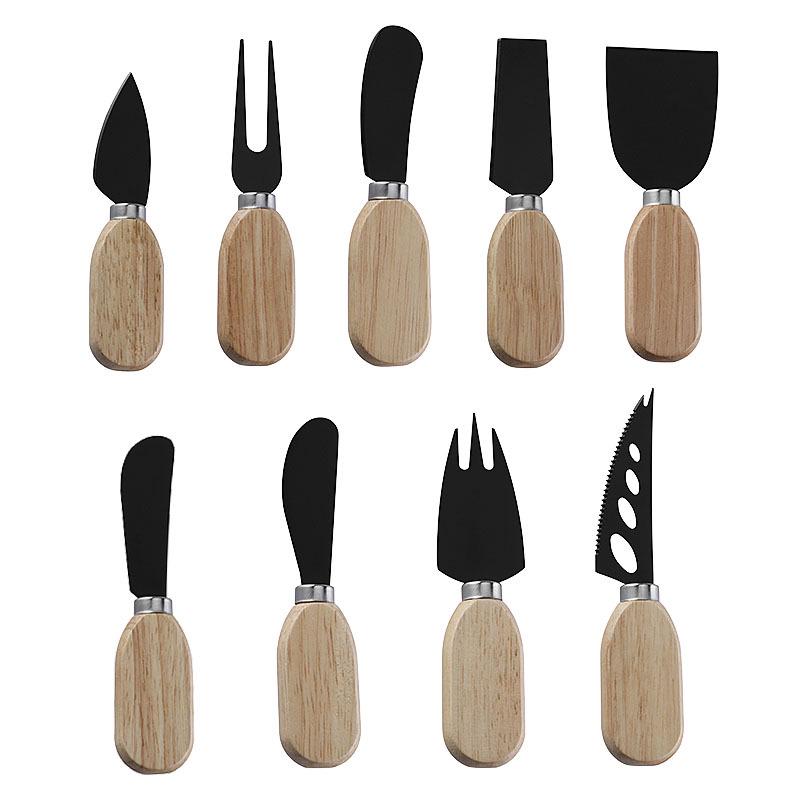 Cross-Border Cheese & Fruit Knife Set: Black Cheese Knife, Butter Spreader, Fork with Rubberwood Handle.
