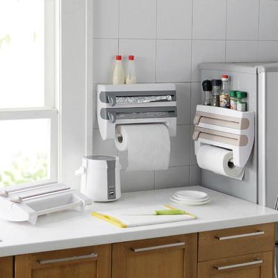 Multifunktionales, wandmontiertes Küchenregal mit Schneider für Frischhaltefolie, Alufolie und Papiertücher