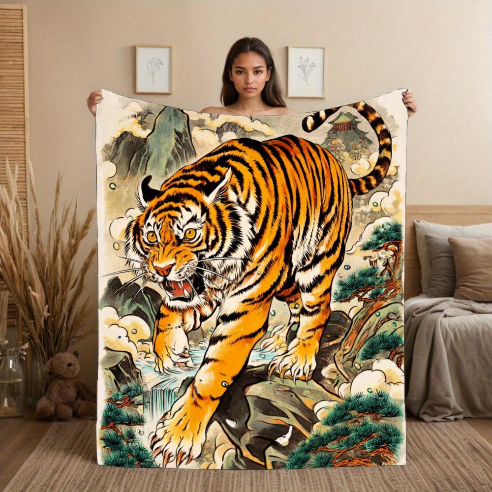 

Tigerpatterned Asian landscape design Flannel printed blanket suitable for all seasons for living room office sofa and travel 75x100cm