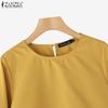 ZANZEA Womens Casual Round Neck 3/4 Sleeve Solid Color Loose Blouse