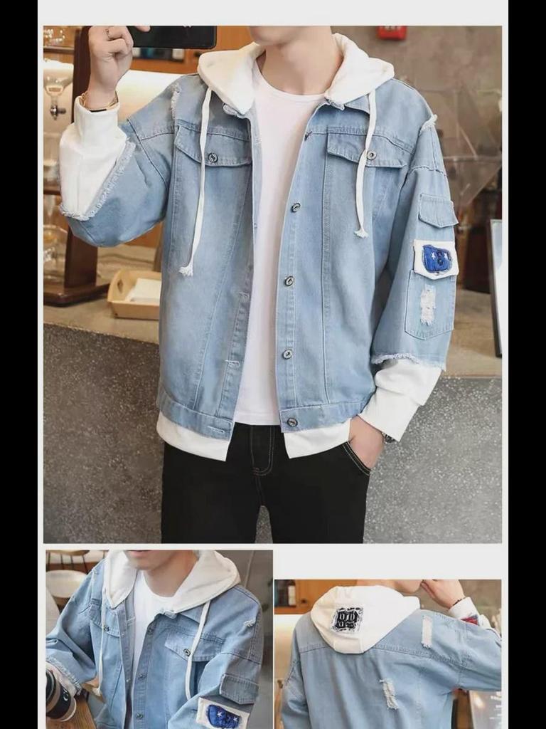 Pánská trendy džínová bunda v korejském stylu - Pánská, s dírami, Ležérní, Design s falešným dvoudílným dílem s kapucí.