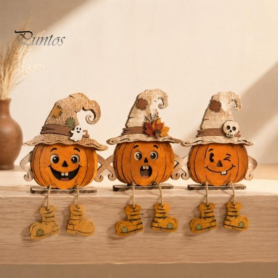 Small Pumpkin Statues for Desks 3PCS Distressed Wooden Ornaments, Witch Hats And Ghost Patches Harvest Seasonal Shelf Accents Decor, Halloween