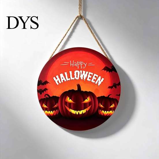 Autumn Festival Door Hanger Halloween Wall Pendant, with Pumpkin And Witch Silhouette, Wooden Durable Holiday Sign Round Hanging Sign, for Home Porch