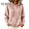 Daily Wear Hoodie Women Knit for Fall Winter, Long Sleeve Pullover Sweater Cozy Autumn Outerwear with Front Pocket, Solid Color Casual Hooded Top
