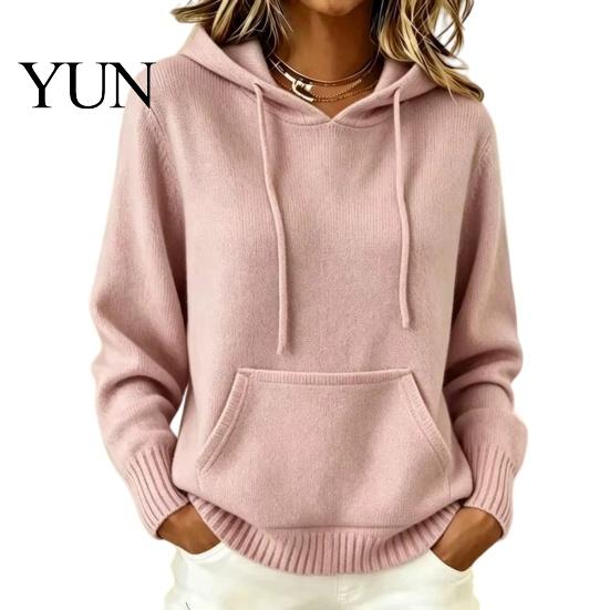 Daily Wear Hoodie Women Knit for Fall Winter, Long Sleeve Pullover Sweater Cozy Autumn Outerwear with Front Pocket, Solid Color Casual Hooded Top