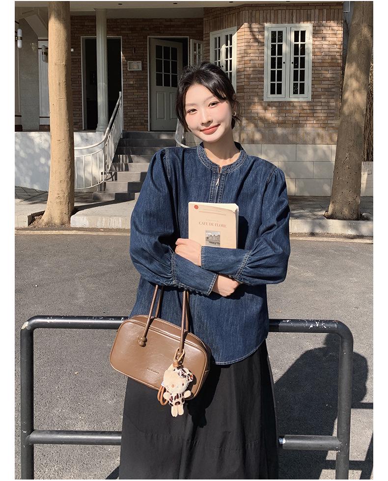 Women's 2025 Spring Retro Puff Sleeve Denim Shirt – Stylish, Unique, and Trendy Short Top