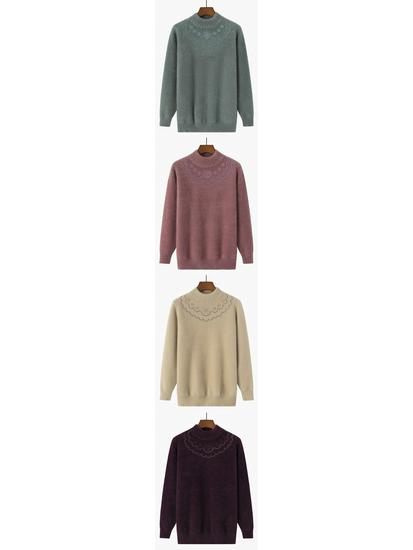 Fashionable Fleece-Lined Grandma's Knit Sweater: Half-High Collar, Imitation Mink Hair, Plus Size