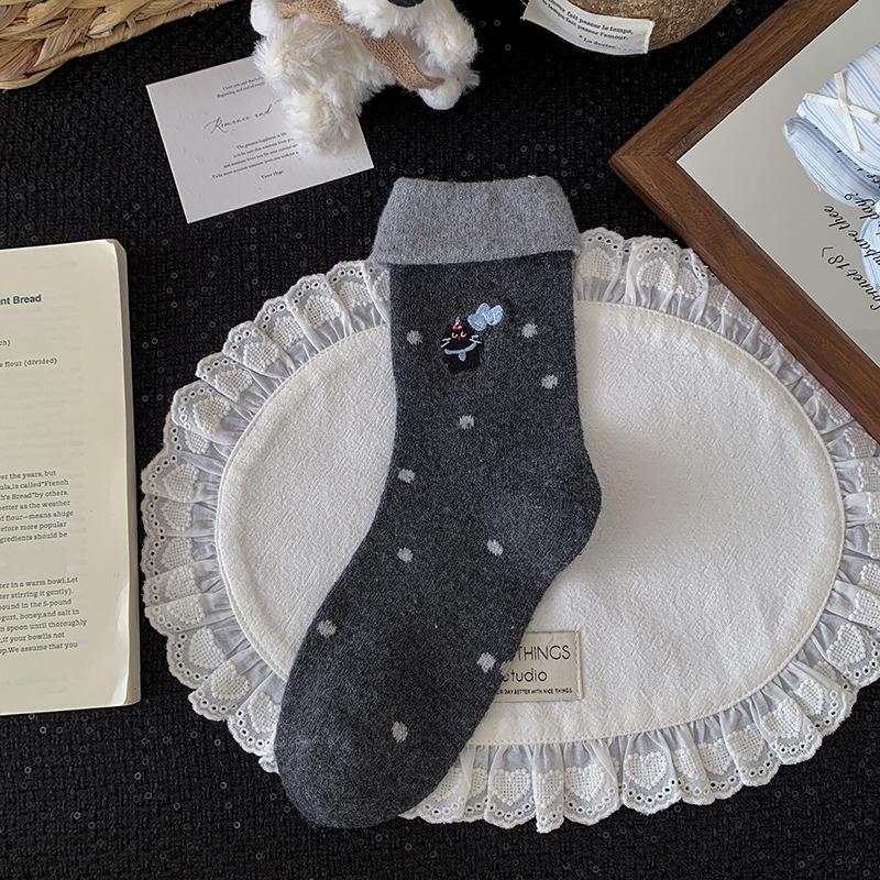 Wool Socks - Children's Mid-length Autumn-winter Trendy Padded Thick Cartoon Girls' Embroidered Long Socks Long Stockings