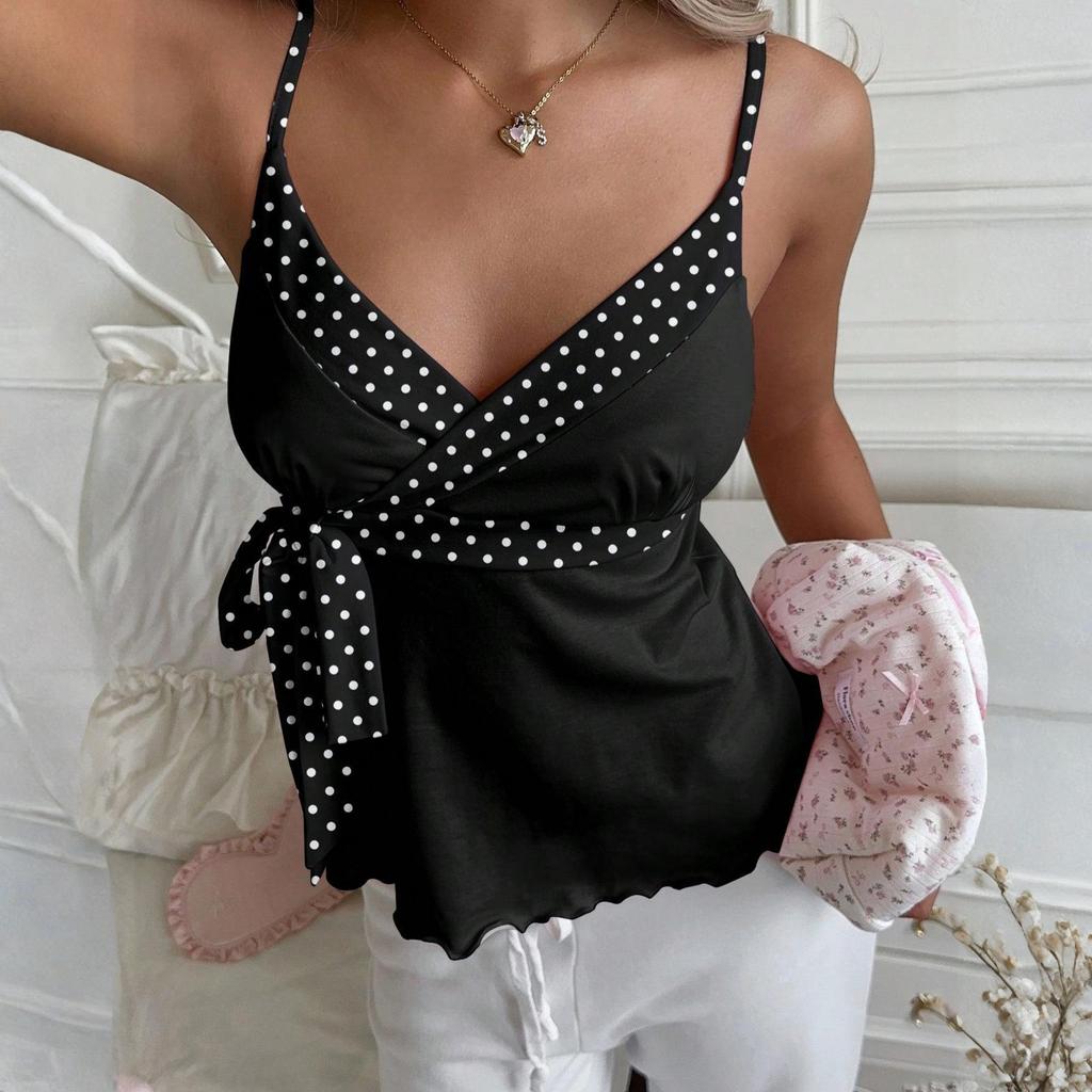 Mouwloze Polkadot Wrap V-hals Camisole Top met Verstelbare Spaghettibandjes en Tailleband voor Casual Kleding voor Dames