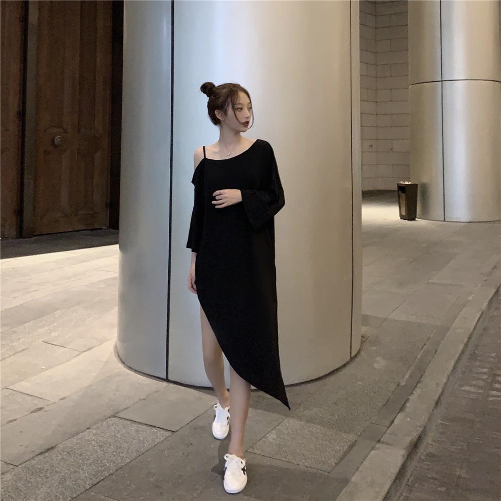 Inclined Shoulder Mid Length Dress Fashionable Summer Loose Korean Large Slip Dress Fashionable Women's Dress