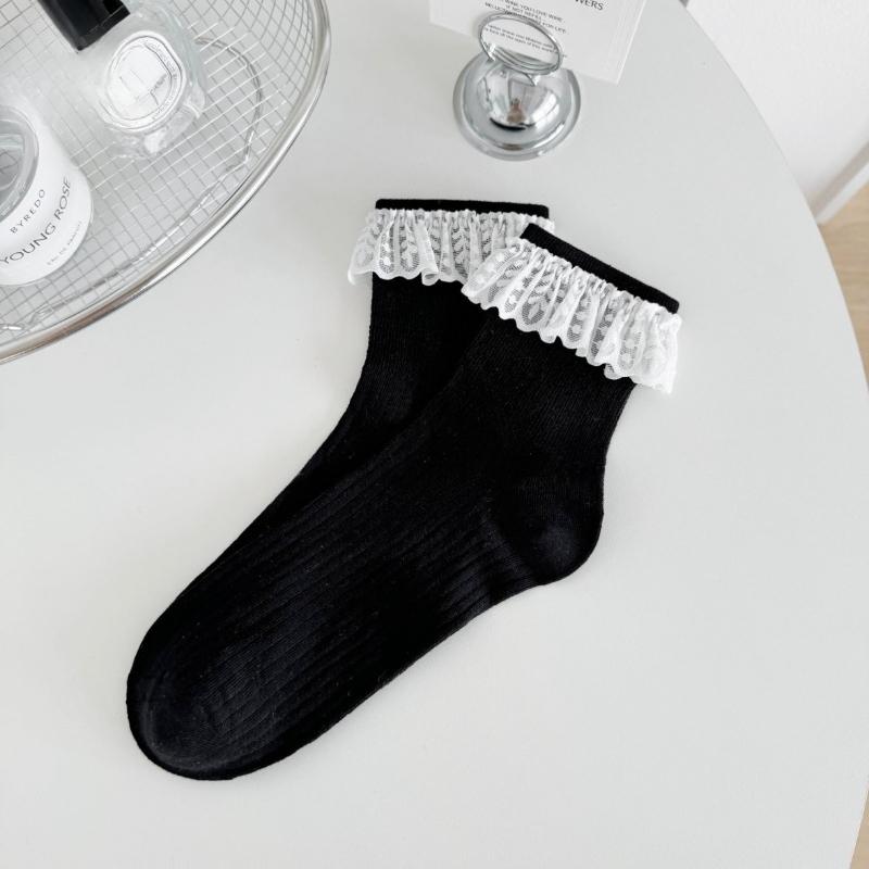 

Однотонные женские весенне-летние дышащие тонкие носки из гребенного хлопка с кружевом чёрный