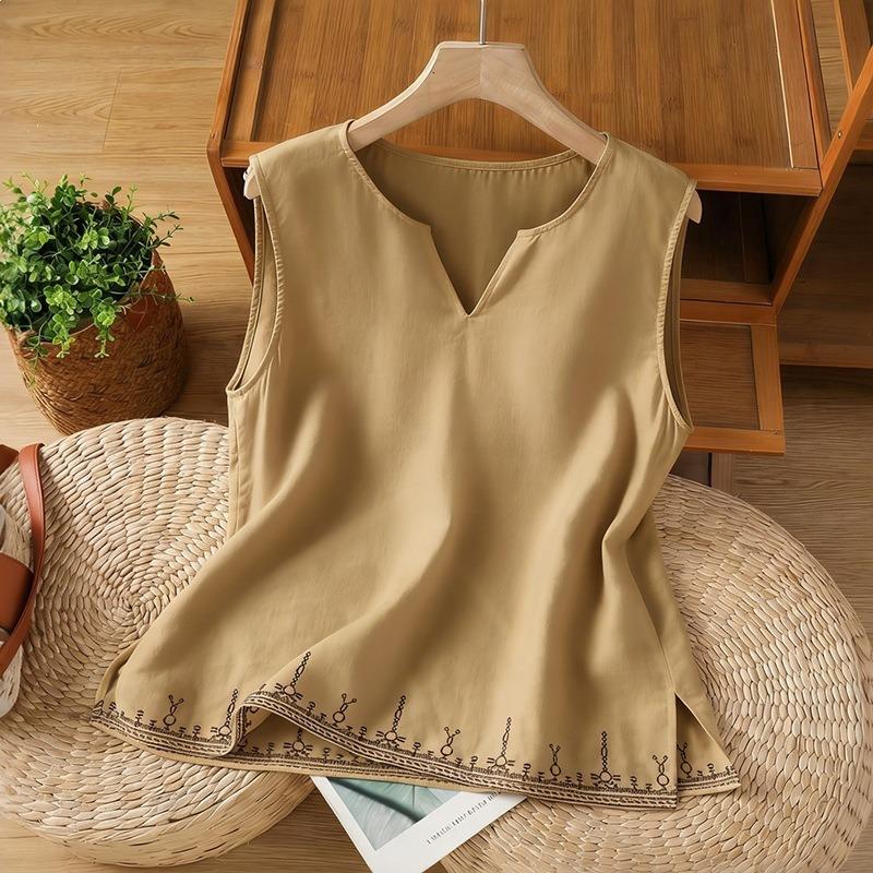 Women White Linen Blend Notch Neck Sleeveless Tank Top Hem Ethnic Embroidery Loose Casual Vest