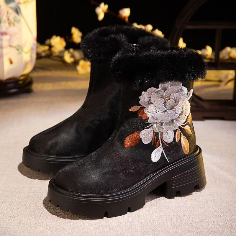 Women's Winter New Block Heel High Top Embroidered Cotton Boot Thick Sole Plush Warm Zippers Round Toe Ethnic Style Hanfu Shoes