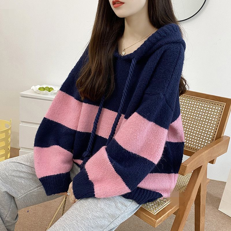 Women S Loose Striped Hooded Pullover Knit Winter Sweater