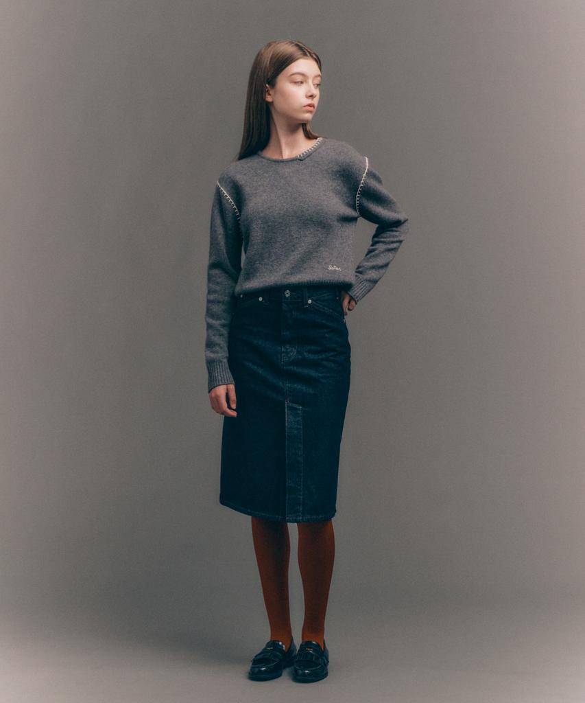 Seteo (W) Contrast Stitch Semi-Crop Knit Charcoal