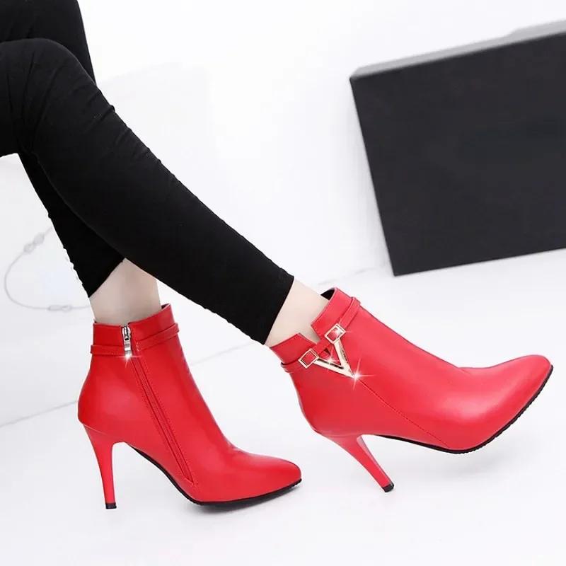 Herbst Stiletto Dünne Hohe Absätze Frau Spitzschuh PU-Leder Reißverschluss Sexy Knöchel Damenstiefel