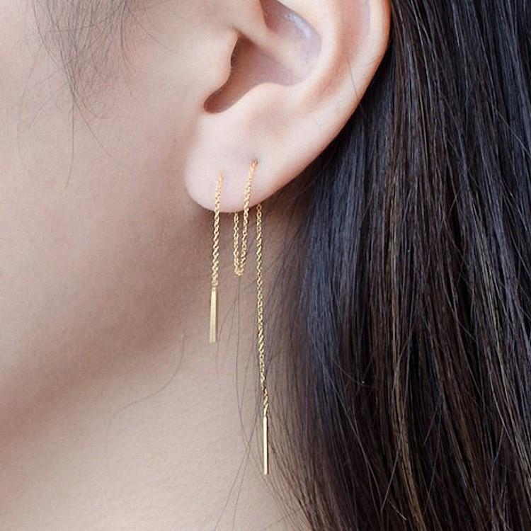 8cm 925 Sterling Silver Double-Needle Tassel Earrings - Korean/Japanese Style Ear Chain 8cm золотой