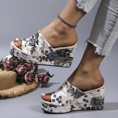 Femmes chaussures chaussures de mode tongs décontractées été Vintage imprimé fleuri Peep Toe pantoufles compensées