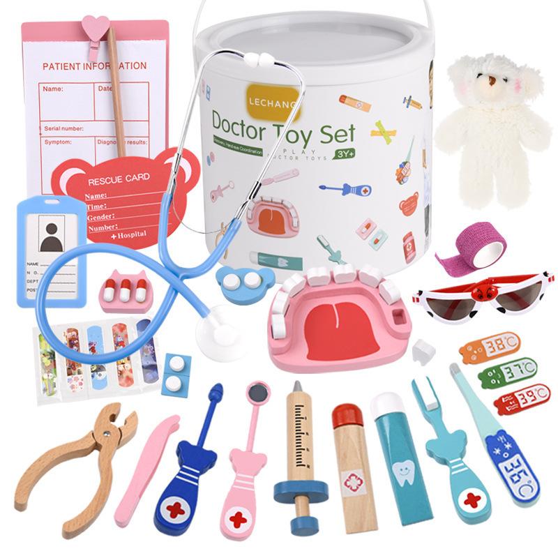 Barrel Children's Simulation Doctor Toy Set, Boy Doctor Girl Nurse Injection Stethoscope Wooden Gift