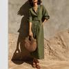 2026 Autumn and Winter Leisure Vacation Style Lace-up Waist Shirt Long Sleeve Cotton and Linen Dress Women