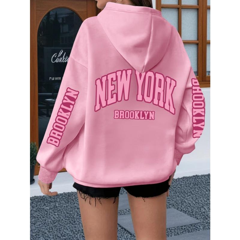 New York Lettering Print Hoodie, Casual Drawstring Hooded Long-sleeve Kangaroo Pocket Sweatshirt